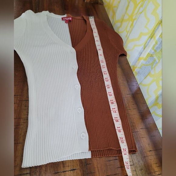 STAUD Colorblock Ribbed Contrast VNeck Sweater - White and Brown - Picture 7 of 10